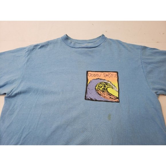 Ocean Pacific Adult Shirt Short Sleeve Back Front Graphics Single Stitch Blue L - Picture 2 of 14